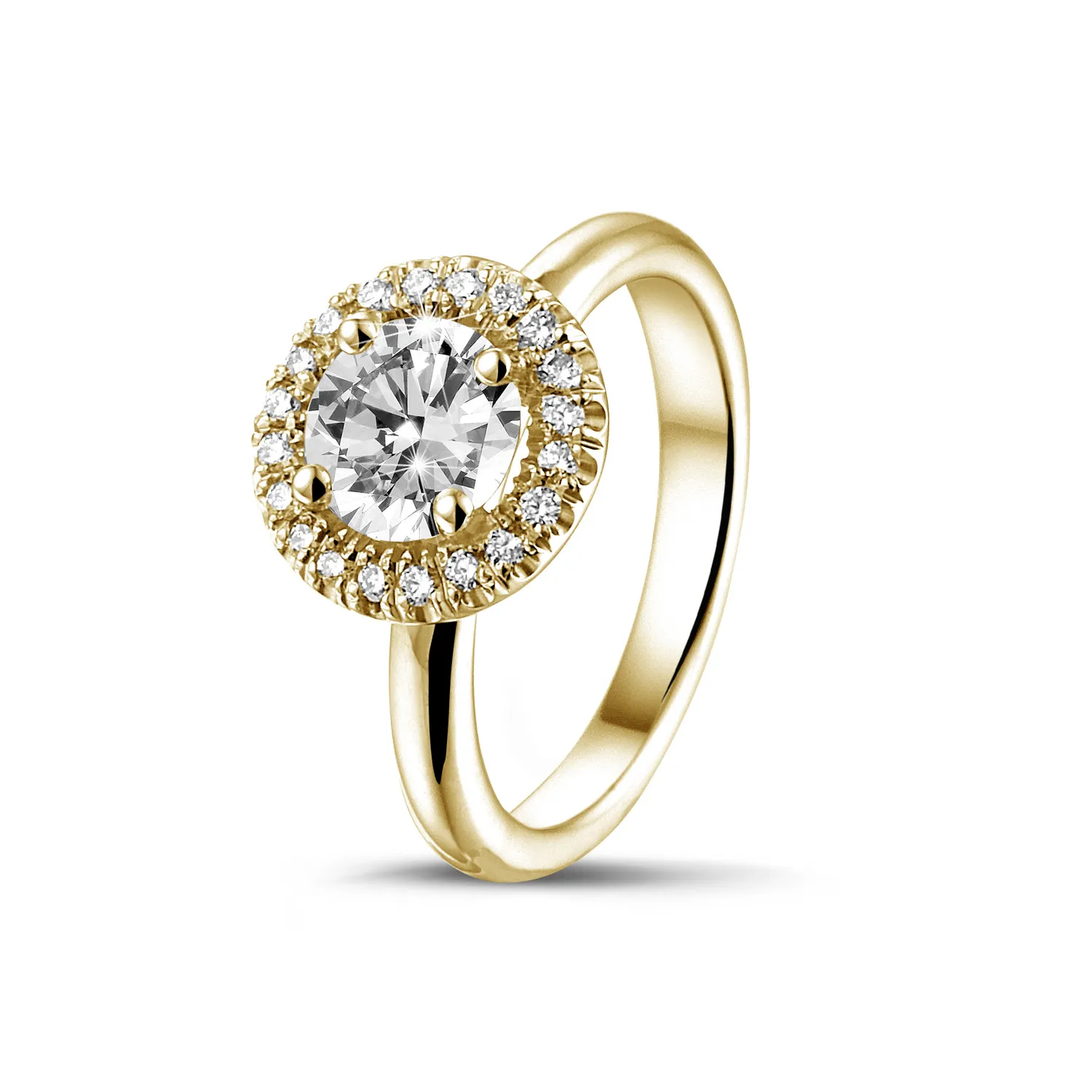 0.70 quilates Halo anillo solitario en oro amarillo con diamantes redondos 