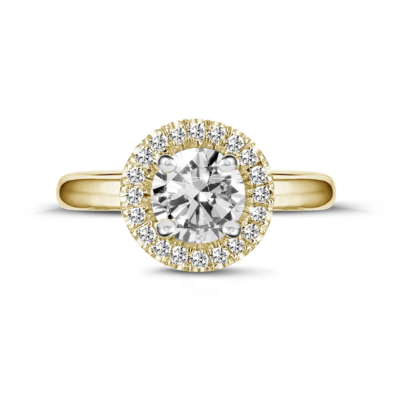 0.70 quilates Halo anillo solitario en oro amarillo con diamantes redondos 