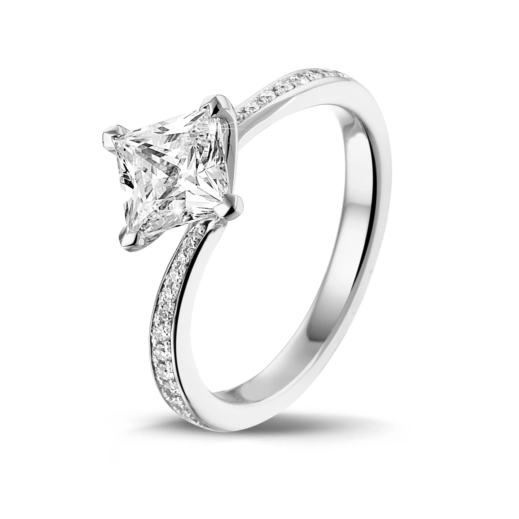 2.50 quilates anillo solitario en oro blanco con diamante talla princesa y diamantes laterales 