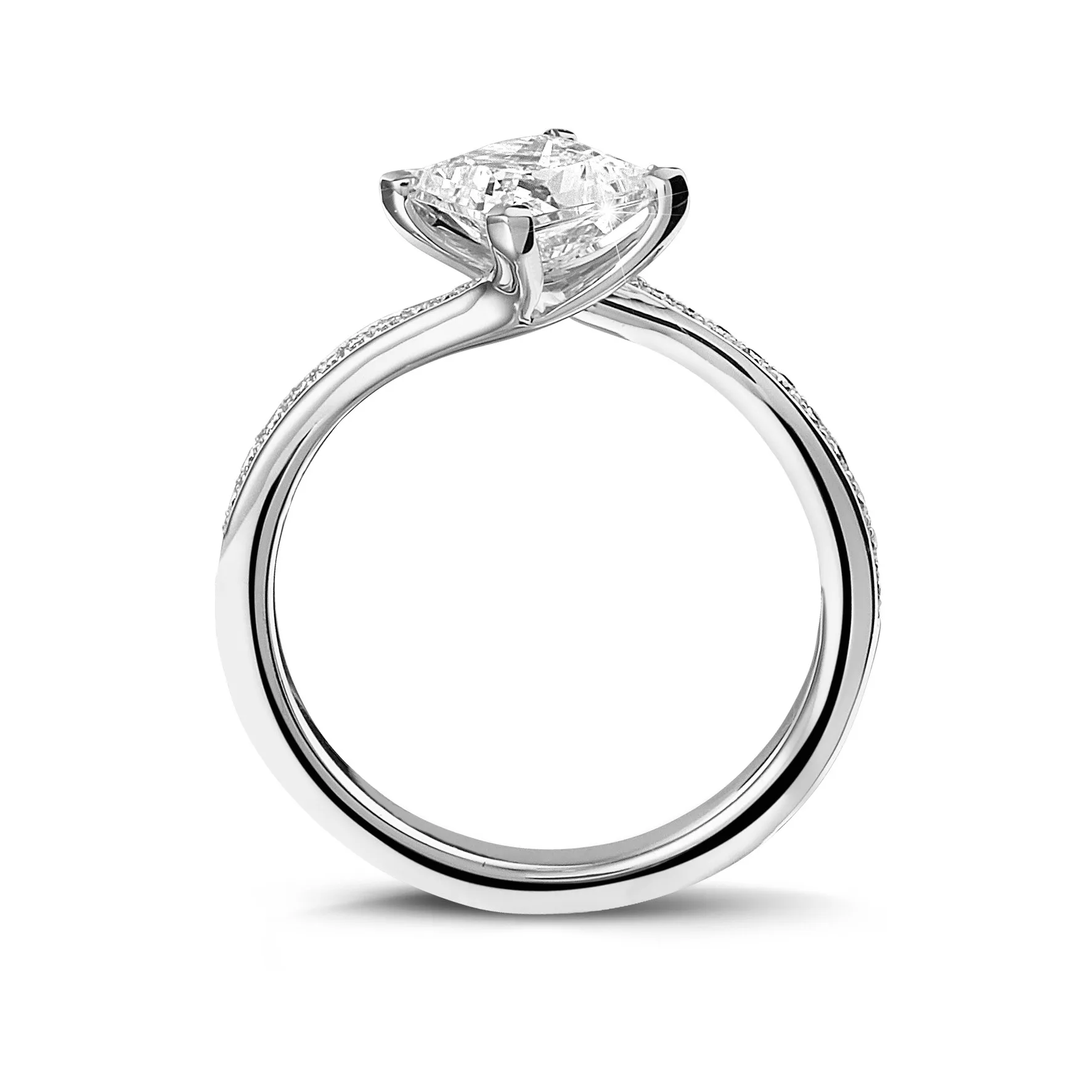 2.50 quilates anillo solitario en oro blanco con diamante talla princesa y diamantes laterales 