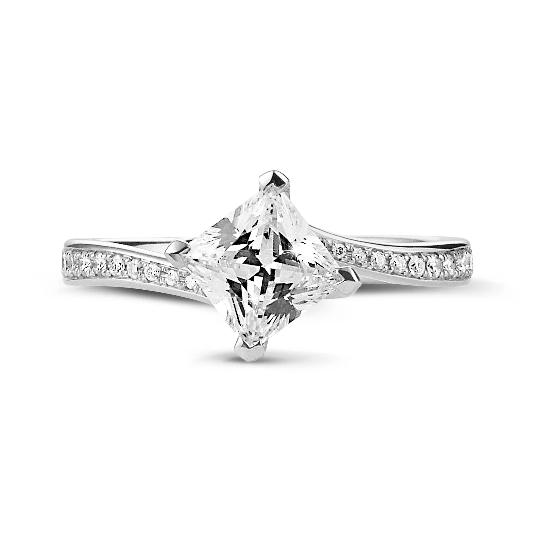 2.50 quilates anillo solitario en oro blanco con diamante talla princesa y diamantes laterales 