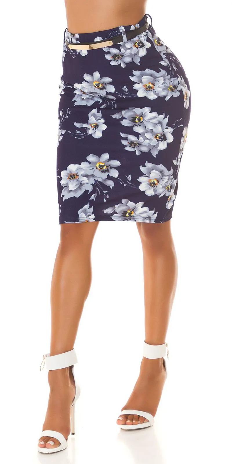 Falda lápiz con cinturón y estampado