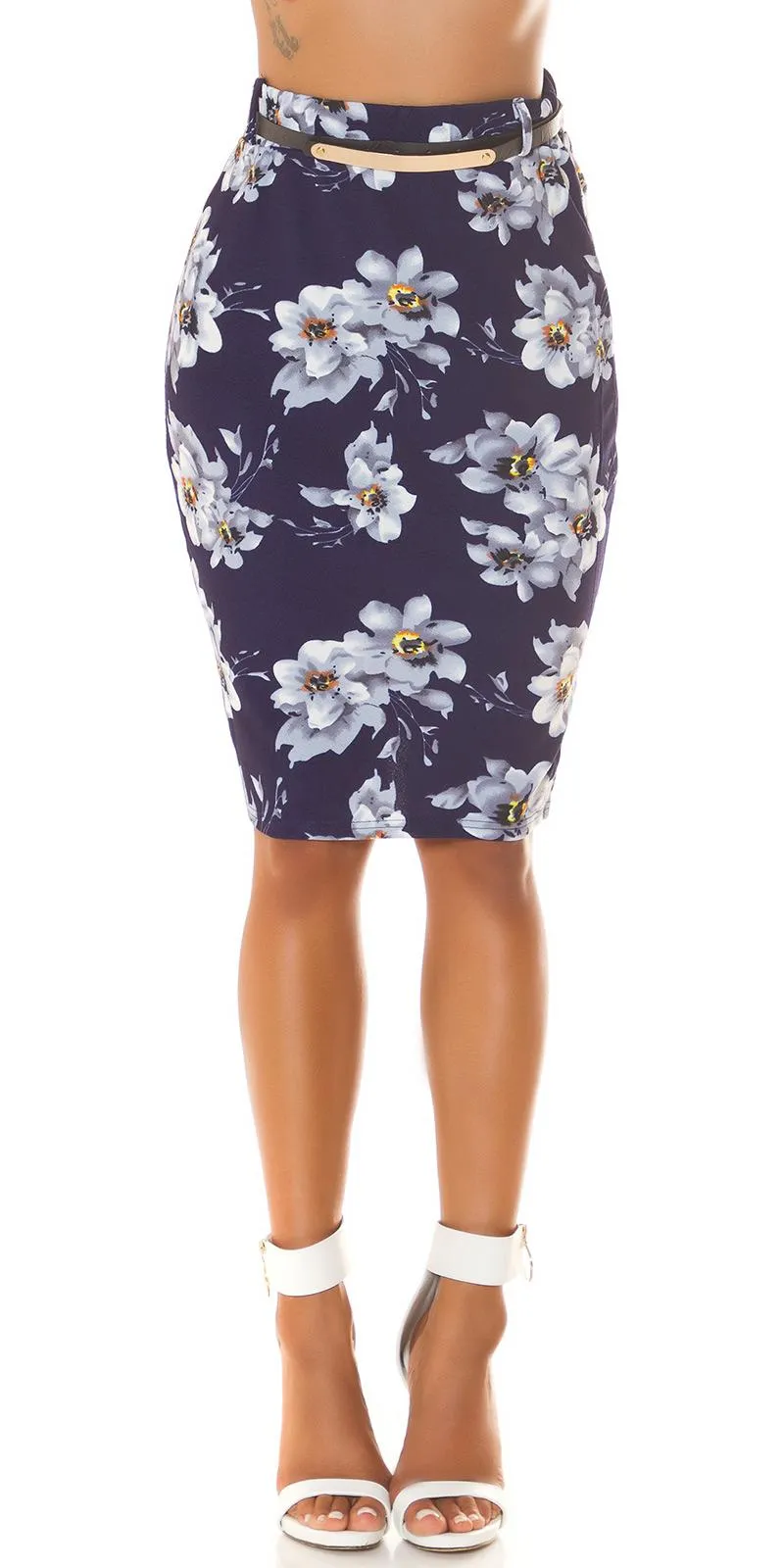 Falda lápiz con cinturón y estampado
