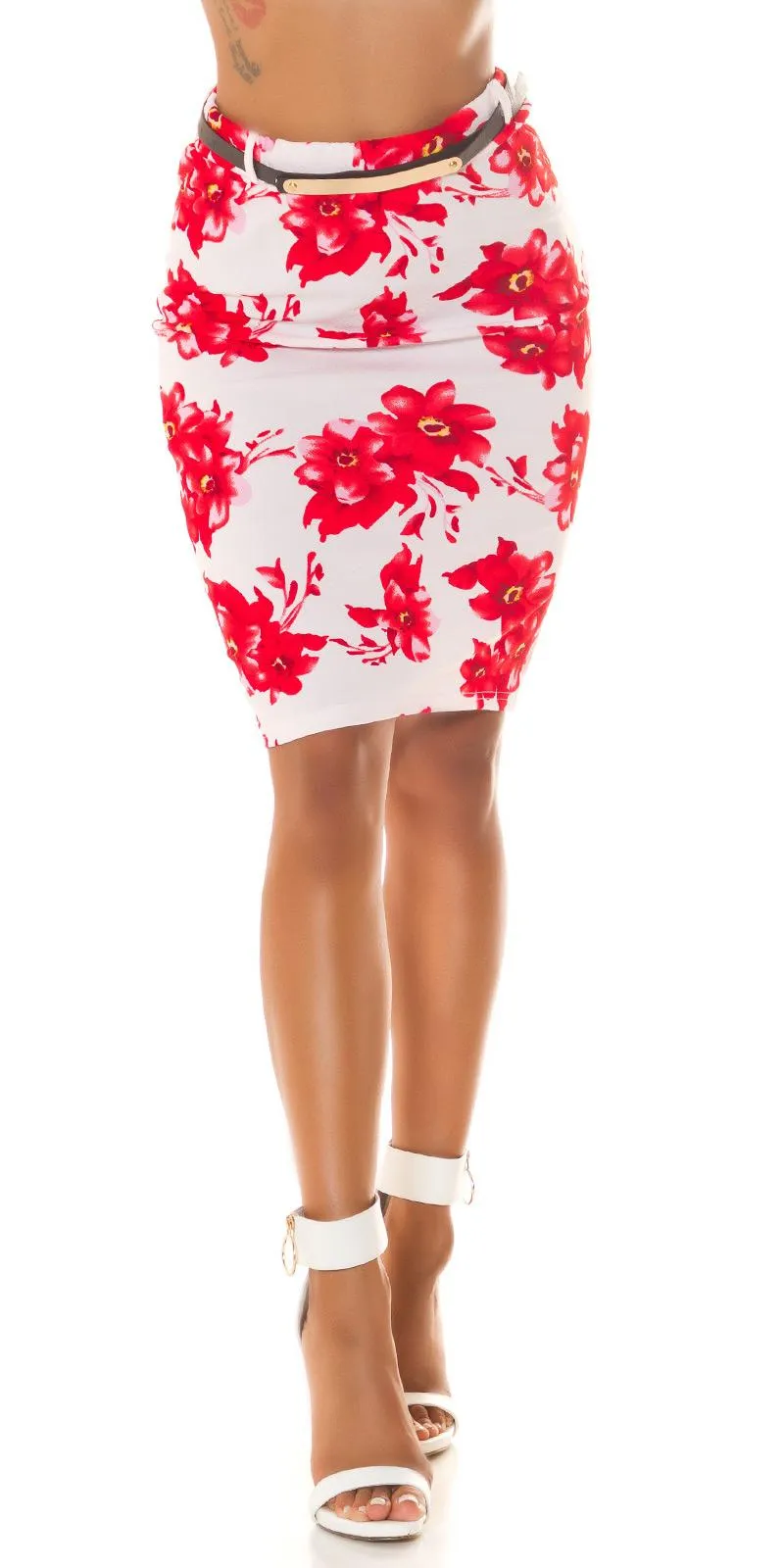 Falda lápiz con estampado floral rojo