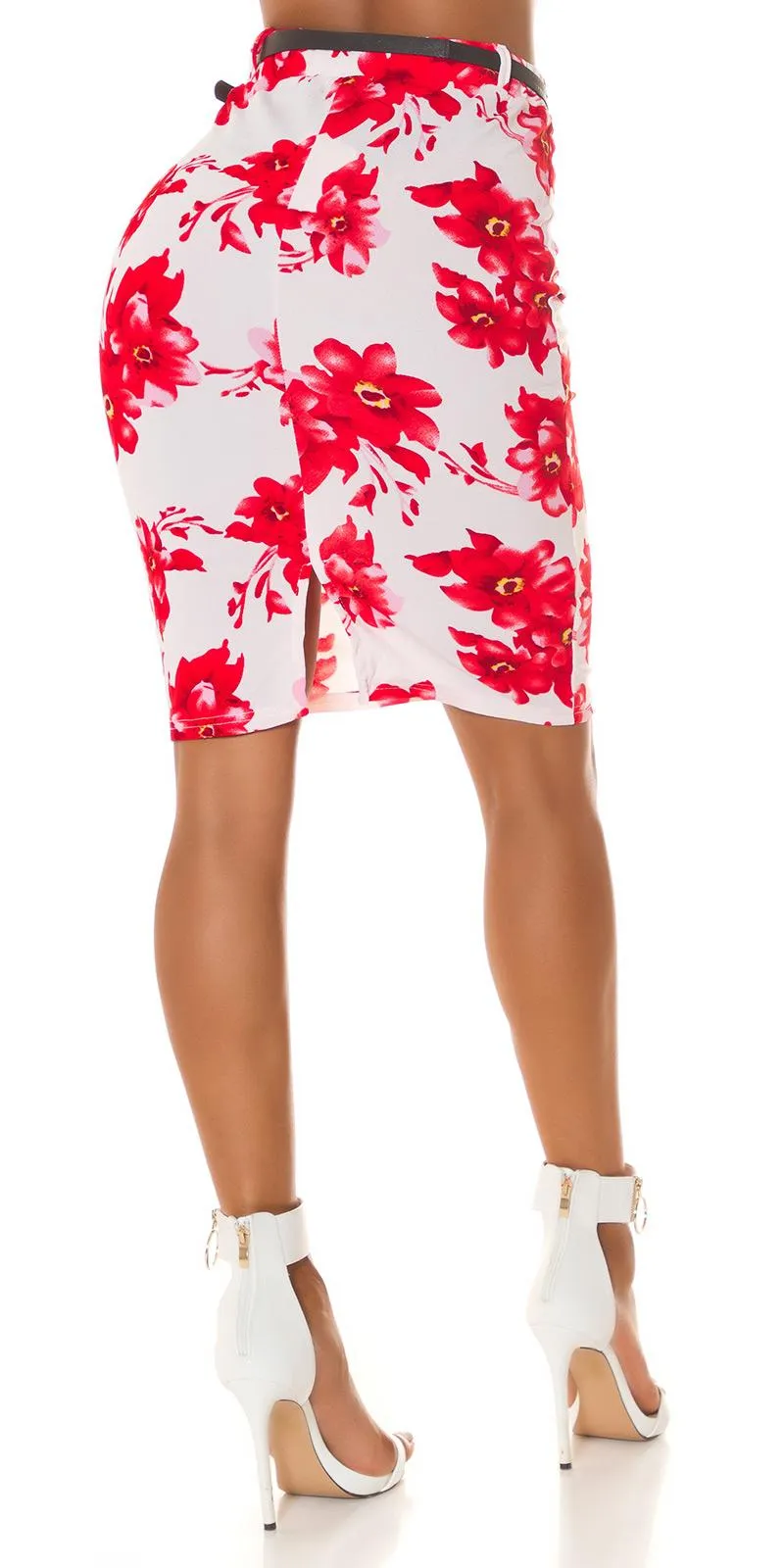Falda lápiz con estampado floral rojo