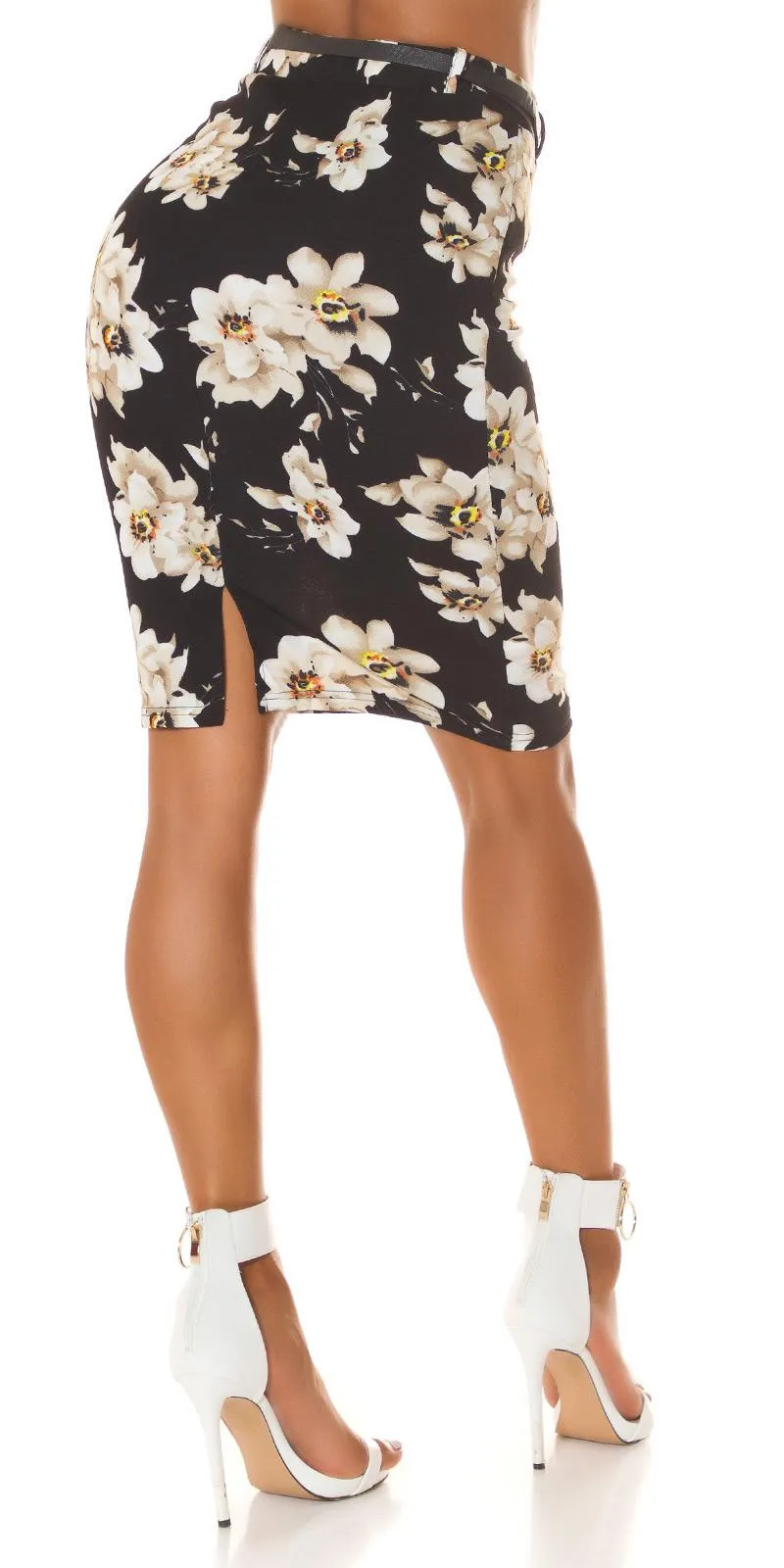 Falda lápiz negro con estampado floral