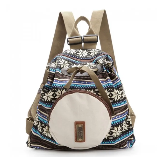 Fresh Folk Geometry Snowflake Pattern Front Circular Pocket Travel Backpack