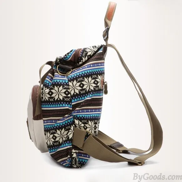 Fresh Folk Geometry Snowflake Pattern Front Circular Pocket Travel Backpack