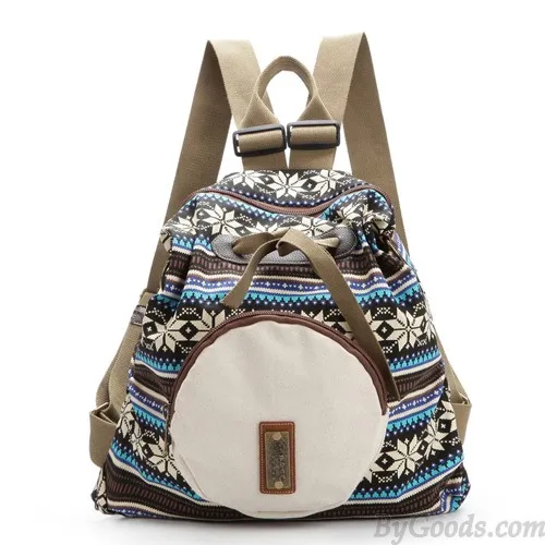 Fresh Folk Geometry Snowflake Pattern Front Circular Pocket Travel Backpack