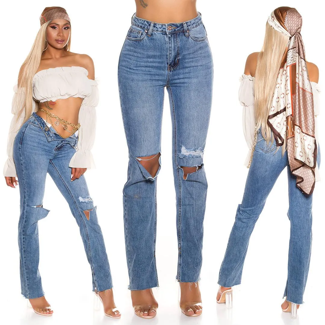 Jeans rotos ajustados de corte recto