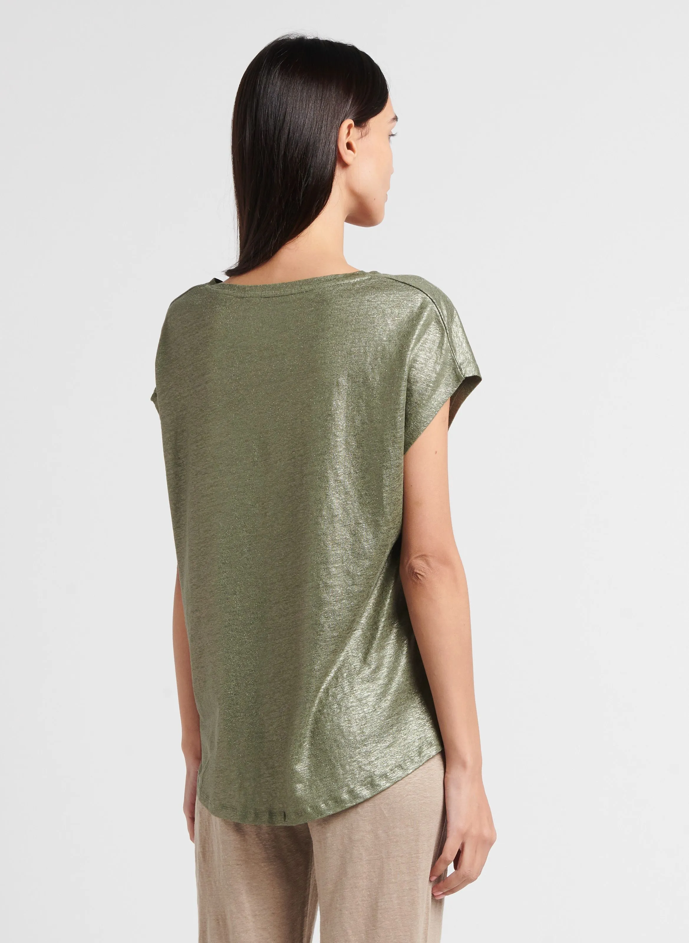 MAJESTIC FILATURES Camiseta holgada con cuello de pico en caqui