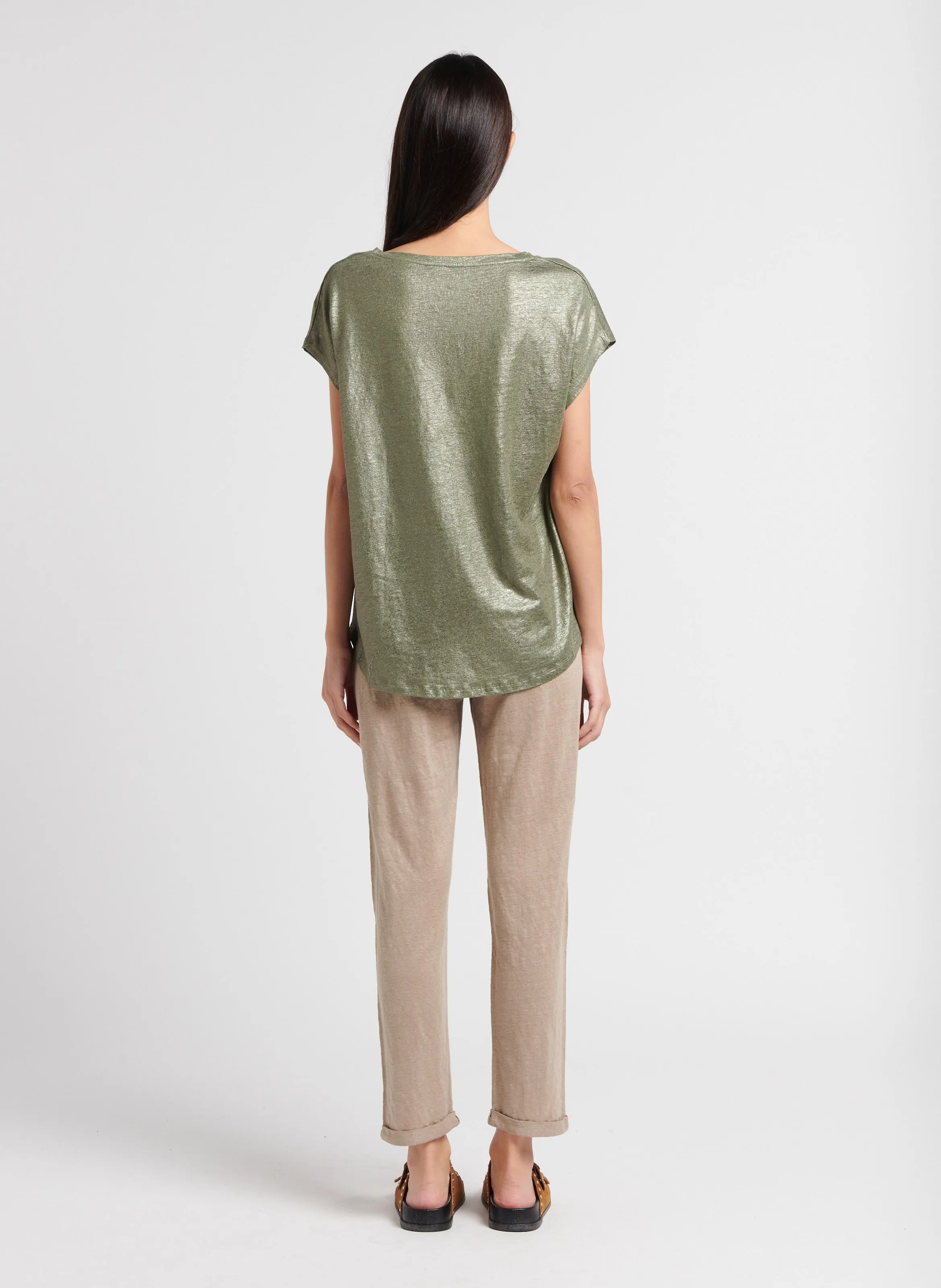 MAJESTIC FILATURES Camiseta holgada con cuello de pico en caqui