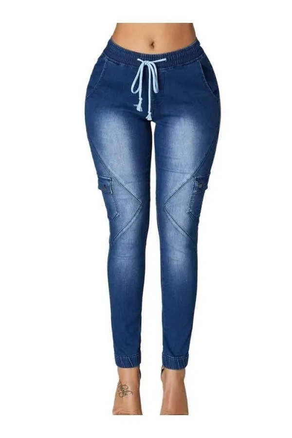 Pantalón vaquero bolsillos Denim cintura y bajo elásticos