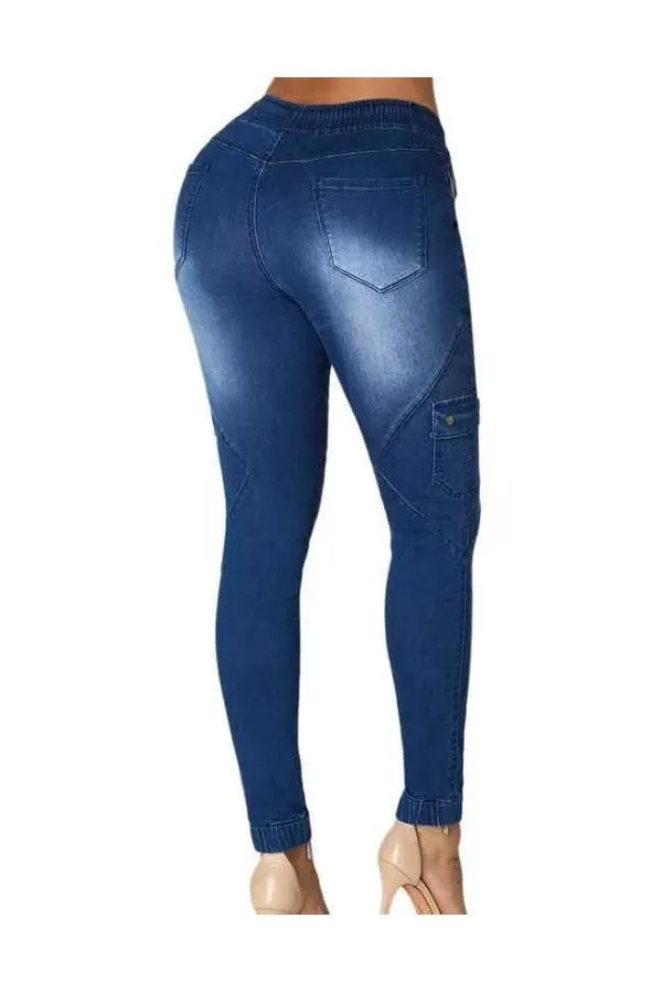 Pantalón vaquero bolsillos Denim cintura y bajo elásticos